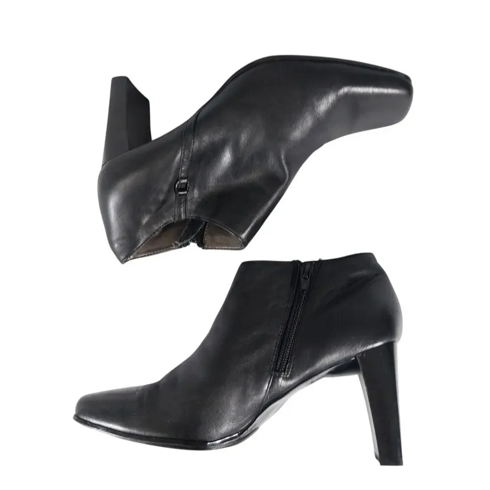 JENNIFER MOORE! BLACK GENUINE LEATHER RECTANGULAR HEEL, ZIP ANKLE BOOTS! SZ 9M